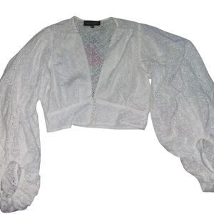 Signature8 White Eyelet Cropped Button-Front Puff Sleeve Blouse